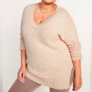 Old Navy Beige Speckled Ribbed Knit V-Neck Sweater Neutral Size Medium Petite